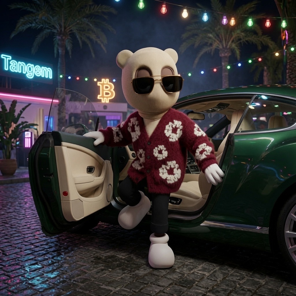 Bear mascot from a KID called BEAST — cream bear in a maroon cardigan stepping out of a green car at night, used by Nick Meta